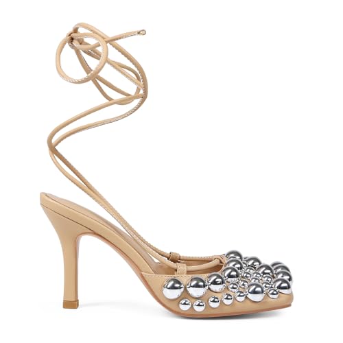 Image of Saint Leia Women's 4IN High Heel Sandals Nude Stiletto Pumps with Gold Silver Pearls Heels for Weddings Parties and Evening Wear