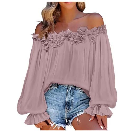 Women Fashion Solid Casual Loose Off The Shoulder Temperament Long Sleeve Top Women Graphic Workout Tee (Pink-1, S)