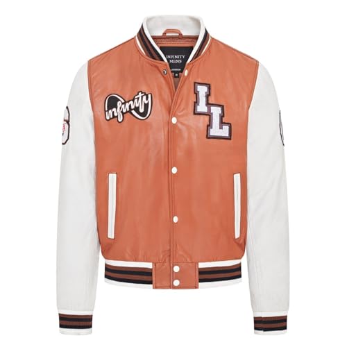 Infinity Leather Blouson aviateur Letterman en cuir blanc beige pour hommes