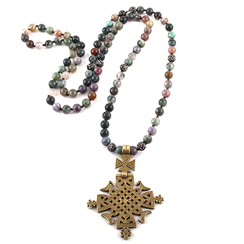 Collier ethnique long de 100 cm avec sautoir croix et perles de pierres