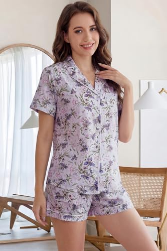 Image of LUBOT 100% Cotton Pajamas for Women 2 Piece PJ Set Poplin Woven Lightweight Ladies Button Short Sleeve Sleepwear S-XXL