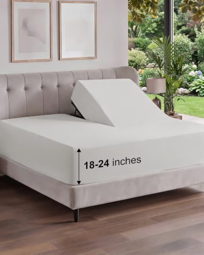 Image of Extra Deep Flex Top Split Head King Fitted Sheet - Hotel Luxury Single Fitted Sheet Only - Easily Fits 18 inch to 24 inch Mattress - Ultra Soft, Wrinkle Free w /Extra Deep Pockets - French Grey