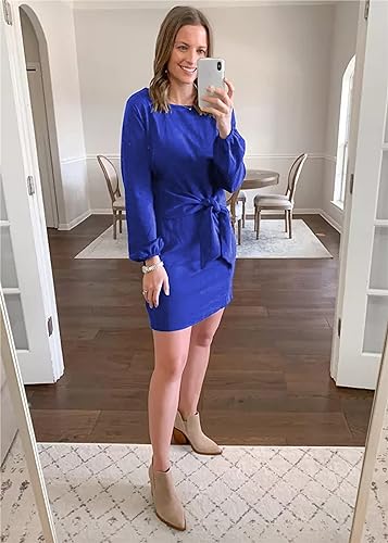 Image of PRETTYGARDEN Womens Spring Elegant Long Lantern Sleeve Short Dress Wedding Guest Crewneck Tie Waist Knit Cocktail Dresses