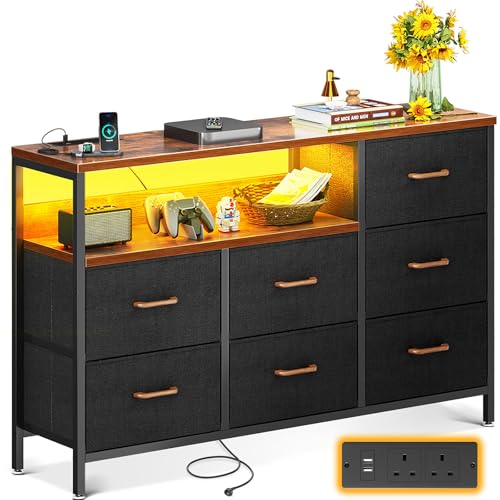 Coleshome Chest of Drawers Bedroom, with Colour Changing LED Strip and 2 USB & 2 AC Ports Sockets, Dresser with 7 Fabric Drawers Suitable for Bedrooms, Living Rooms, 132 * 30 * 89cm, Retro Colour