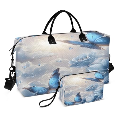 Weekender Bags Travel Duffel Gym Bag Blue Butterflies Flower Carry on Overnight Tote Bag with Toiletry Bag for Airplane Travel Trip Gym Yoga