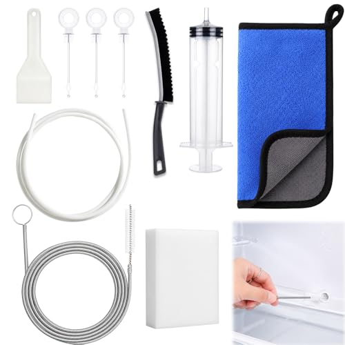 XANGNIER 10 Pcs Refrigerator Water Line Cleaning Kit Refrigerator Drain Cleaner Tool55.6 Inch Flexible Drain Brush Syringe Unclog Fridge&Ice Maker Cleaner Tools for Ice Dispenser Sink AC Drain Line