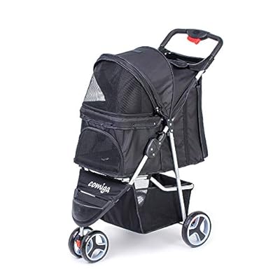 comiga Pet Stroller, 3-Wheel Cat Stroller, Foldable Dog Stroller with Removable Liner and Storage Basket, for Small-Medium Pet,Black
