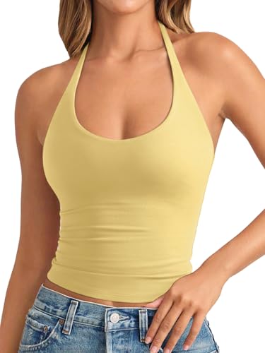 REORIA Women's Tie Halter Tank Tops Basic Scoop Neck...