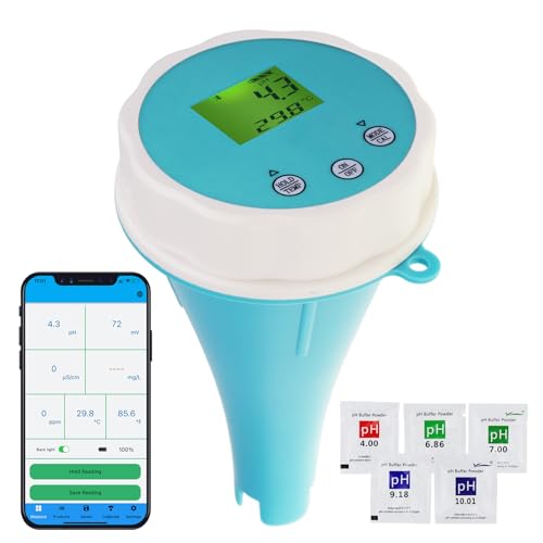 6-in-1 Smart Water Quality Tester Bluetooth Floating Monitor for Pools, Spas, and Hydroponics - pH, EC, ORP, Chlorine, Salinity, and Temperature Measurement