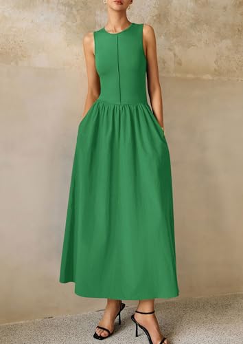 Image of PRETTYGARDEN Maxi Dresses for Women 2026 Summer Casual Sleeveless Patchwork Flowy Vacation Sundress Knit Long Work Tank Dress