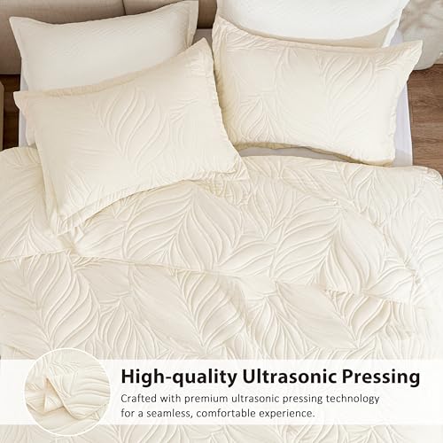 EXQ Home Quilt Set Twin Size Beige 2 Piece,Lightweight Soft Coverlet Modern Style Leaf Pattern Bedspread Set(1 Quilt,1 Pillow Sham)