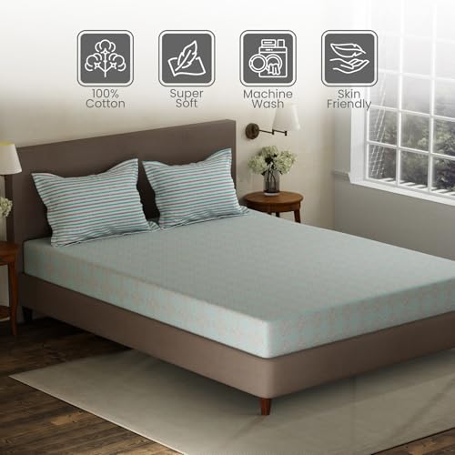 Image of Layers 100% Cotton Double Size Bedsheet Set | Blue Geometric Print | 120 TC Forever Collection | Soft & Breathable | Washable Bedsheet with 2 Pillow Covers | All Season