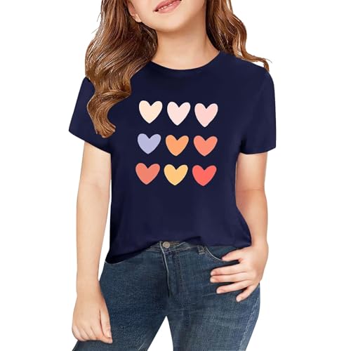Kids Girls Cute Colorful Hearts Graphic Short Sleeve T-Shirt Crewneck Casual Loose Tees Summer Fashion Tops Clothes