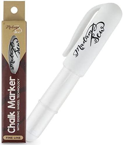 Madam Sew Chalk Fabric Marker for Sewing, Quilting & Crafting | White |Tailors Liner Pen Creates Consistent Erasable Lines with Dosing Wheel Technology | Works on Cotton, Knit, Suede, and All Fabrics