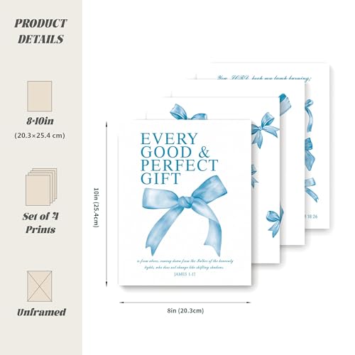 Image of LARTSFRO Coquette Blue Bow Bible Wall Art Decor Poster, Blue Bow Bathroom Decor, Aesthetic Teen Girl Living Room Bathroom Decor, Trendy Gifts for Women Teens Teen Girls, 10x8 Inch Set of 4 Unframed