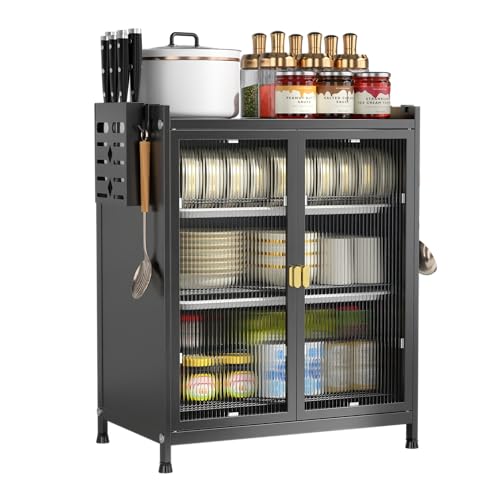 La Mejor Selección de Gabinetes para Cocina Pequeña los más recomendados. 42 HOGESA Mueble para Trastes, Mueble de Cocina para Guardar Platos, Escurridor de Platos con Puerta 3 Niveles, Soporte for Microondas, Gabinete para Cocina, 59 CM(Negro)