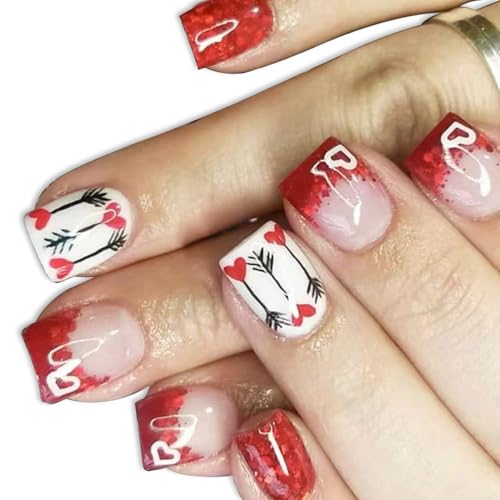 24 Uds. De Uñas Postizas Cuadradas Valentín Acrílico Falso Francés Pegamentos Artificiales Para Mujeres Y Niñas Uñas Postizas Valentín