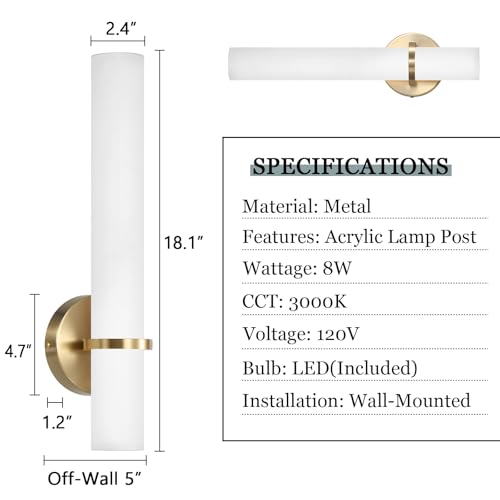 Image of 16W LED Dimming Wall Sconces 2 Packs, 3000K Warm Lights Dimmable, White Lampshade Bathroom Vanity Lighting Wall Light Fixtures for Bedroom Dining Living Hallway, Antique Gold