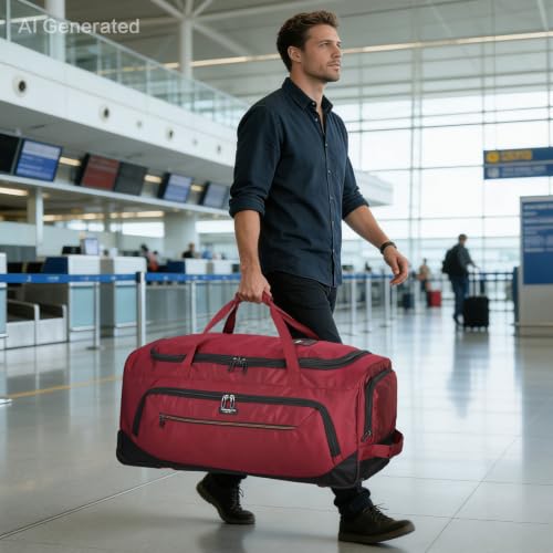Image of Large Rolling Duffle Bag with Wheels and Handle 85L 29 inch Travel Duffel Bag for Men Women with Shoe Compartment & Wet Pocket, 2 Wheeled Checked Luggage for Business Travel Long Trips, Red
