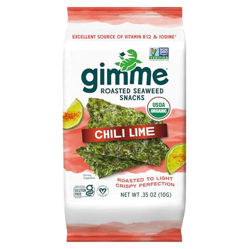 Gimme Seaweed Organic Premium Roasted Seaweed Snacks, Chili Lime, 10g Sharing Pack (Single) Keto, Vegan, Gluten-Free, Great Source of Omega3s and Iodine, Healthy On-The-Go Snack for Kids and Adults