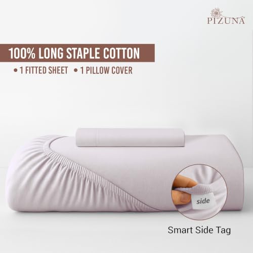 Image of Pizuna 100% Cotton Fitted Bedsheet Single Bed 400 Thread Count Long Staple Cotton Sateen Fitted Bedsheet 40x78 Inch with 1 Pillow Cover, Light Lilac Elastic Fitted Bedsheets Single Bed fits 12 Inch