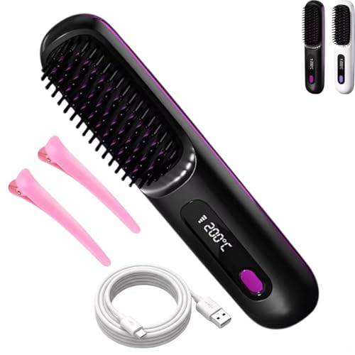 Giovencia Brosse Coiffante Cheveux Court, Peigne Lissant Chauffant Sans Fil En Céramique, 2 En 1 Brosse Lissante Pour Cheveux Sans Fil, Peigne, 3 Modes De...