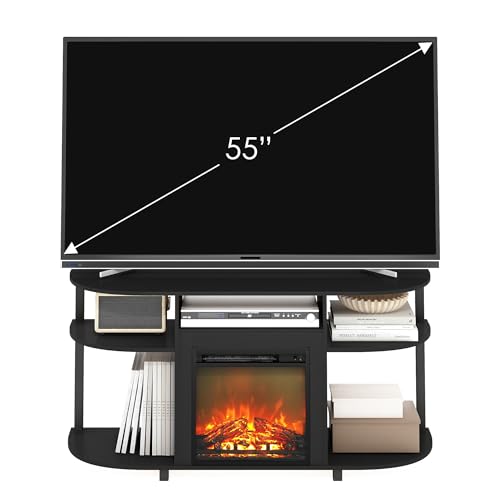 Image of Furinno Jensen Fireplace TV Stand, Curved Entertainment Center, TV Console for TV up to 55 Inch with Fireplace and Open Storage, for Living Room, Bedroom, Americano