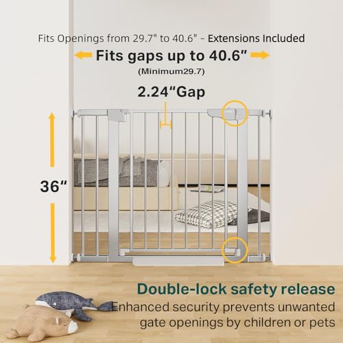 Image of Cumbor 29.7-40.6" Baby Gate for Stairs, Mom's Choice Awards Winner-Dog Gate for Doorways, Pressure Mounted Self Closing Pet Gates for Dogs Indoor, Safety Child Gate with Easy Walk Thru Door, Silver
