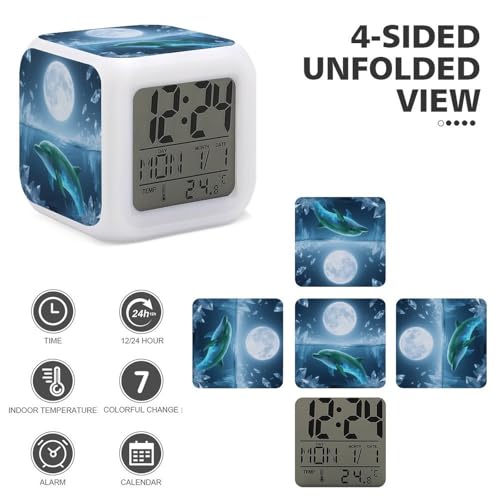 Despertador digital LED con indicador de temperatura y diseño de delfín y luna 4