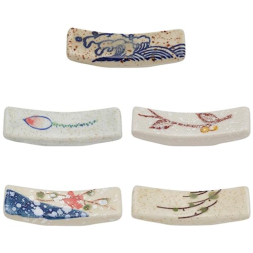 PLIGREAT 5 Stück Keramik Blume Essstäbchen Rest Japanisch Essstäbchen Rest Elegante Blumen und Vogel Malerei Kleine Ornamente für Löffel Gabel Halter Restraunt Hotel Abendessen Tischdekoration