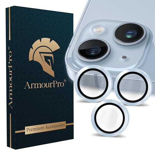 Image of ArmourPro Premium Camera Lens Protector Tempered Glass Compatible For iPhone 14 Plus and iPhone 14 Tough HD Individual Aluminum Alloy Rings 9H Camera Cover , Scratch-Resistant,Camera Lens Protection| Blue