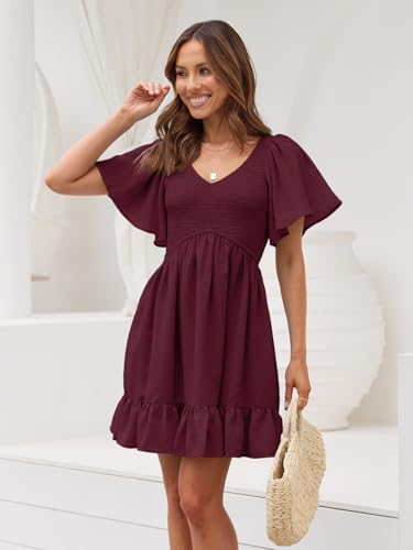 Image of LILLUSORY Women's Flowy Casual Mini Dresses 2026 Summer Graduation Smocked V Neck Vacation Dress Dress with Pockets