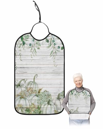 LEOKOTI Fall Sage Green Pumpkins Adult Bibs for Eating, Waterproof Bibs with Food Catcher & Adjustable Snap Closure, Thanksgiving Maple Leaf Vintage Washable Clothing Protectors Adult Bibs for Elderly