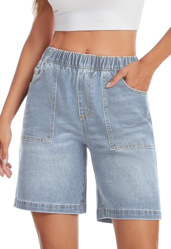 Metietila Pull-on Bermuda Shorts for Women Elastic Waist Jean Shorts High Waisted Baggy Stretchy Denim Jorts Horizon Blue Small