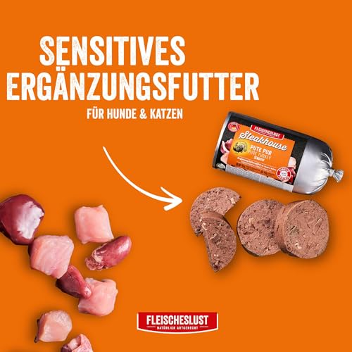 Steakhouse Pute pur (14x500g), Nassfutter für Hunde & Katzen, sensitives Ergänzungsfutter, Monoprotein, getreidefrei, 14x Wurst von Fleischeslust