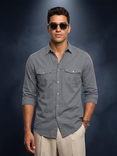Image of Veirdo Men's Pure Cotton Utility Shirt | Full Sleeve Casual Button-Down with Dual Chest Pockets | Stylish & Comfortable Everyday Wear | Colors: Beige, Black, Maroon, Olive, Rust & White