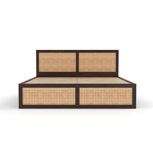 Image of Sheesham Wood Cane Bed with Drawer Storage for Bedroom | King Size Wooden Double Bed Palang with Rattan Headboard & Footboard (Walnut Finish)
