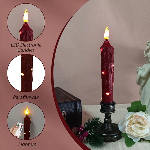 Image of 6.5 Inches Primitive Real Wax LED Flameless Red Short Candlesticks Hand Dipped Battery Operated Candles with Timer Remote Candles for Christmas Vintage Rustic Home Decor, Pack of 4(Red)