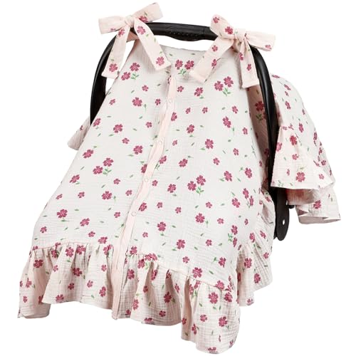 Image of Tegeme Flower Muslin Car Seat Cover for Baby Girls Boys, Breathable Lightweight Infant Nursing Carseat Canopy Breastfeeding Cover Multi-use Carriers for Spring Summer Stroller Sun Shade