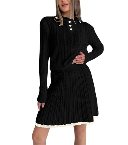 Image of chouyatou Women's Cable Knit 2 Piece Outfits Long Sleeve Polo Sweater and Elastic Waist Pleated Mini Skirt Sets