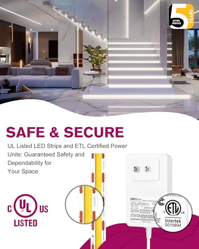 Image of EMITEVER Cool White COB Strip Light Kit 5000K,16.4ft 2400LEDs,24V Dimmable | CRI 90+,305+LM /ft,ETL 48W power supply & remote included,UL listed Strip for living room,kitchen,under cabinet & shelving