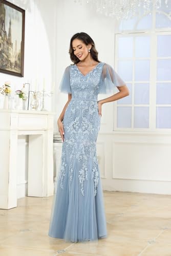 VGZ Lace Appliques Mother of The Bride Dresses with Sleeves Chiffon V Neck Long Formal Evening Gown4