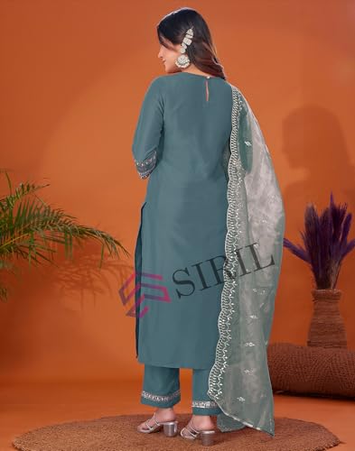 Image of SIRIL Women's Cotton Blend Sequence Embroidery Straight Kurta Pant with Dupatta Set