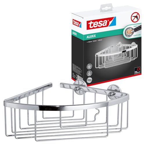tesa ALUXX Eckduschkorb, Aluminium, verchromt, garantiert rostfrei, inkl. Klebelösung, 207 mm x 202 mm x 92 mm