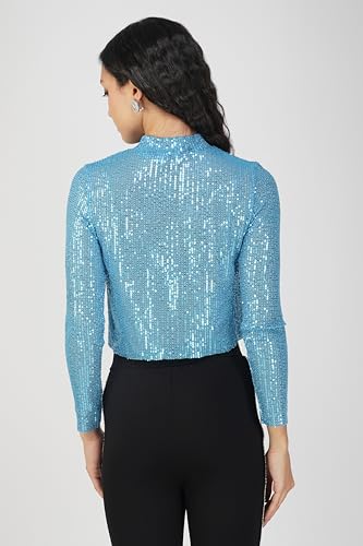 Image of SAFFE Women's Casual Loose Fit Full Sleeve Turtle Neck Sequined Crop Top (Blue)