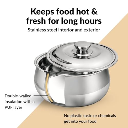 Image of Nestasia Stainless Steel Insulated Casserole with Lid (1000 ml) - 100% Food Safe Roti Server with Self Locking Lid - Retains Heat & Freshness | Rust Resistant & BPA - Free Chapati Casserole