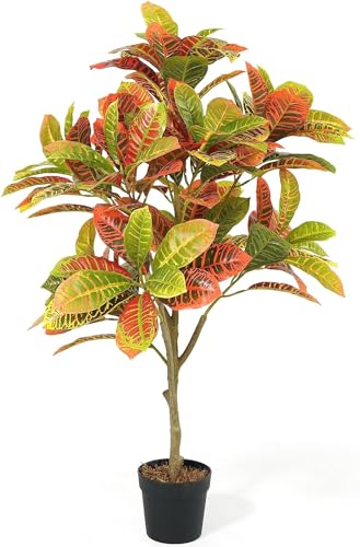 CAPHAUS 42 Inch Artificial topiary Croton Tree w/Dried Moss, Faux Bushes and Shrub Artificial Plants, Fake Trees in Pot, UV Resistant Artificial Plant for Front Porch, Indoor, Outdoor