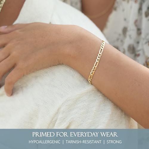 KISPER Mens Gold Bracelet 18K Gold Plated 925 Sterling Silver - 5mm Cuban Link Curb Chain & Figaro Link Bracelets for Men - Sizes 6.5,7,8,9 Inch4