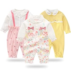 OU.OU Baby Clothes, Long Sleeve Coveralls, Set of 3, 100% Cotton, Newborn Clothes, Open Front, Newborn, Girls, Cute, Baby Clothes, Rompers, Lily Pattern, Baby Shower, Gift