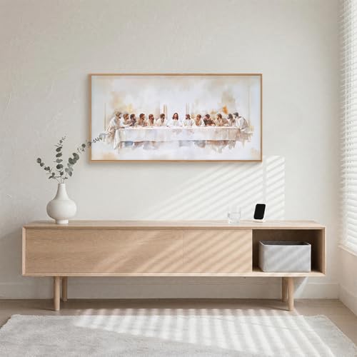 Image of KAIRNE Jesus Last Supper Framed Canvas Wall Art Set, Christian Twelve Apostle Wall Decor, Bible Renaissance wall Painting, Religious Picture Art Print for Living Room, Bedroom, Church-40 x20 x1